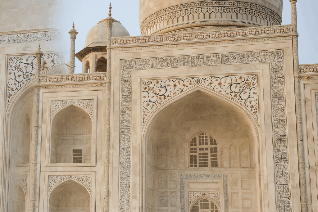 Feine Marmorverzierungen und Kalligraphie am Taj Mahal
