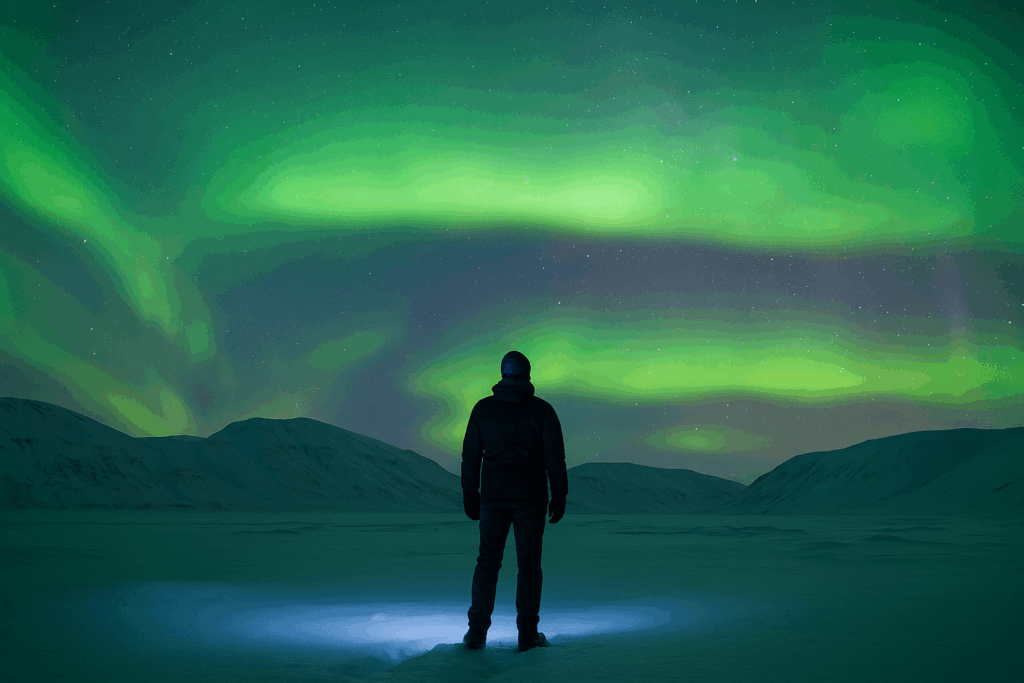Allein stehende Person mit Blick aufs Nordlicht in Spitzbergen, stille Beobachtung des tanzenden Himmels