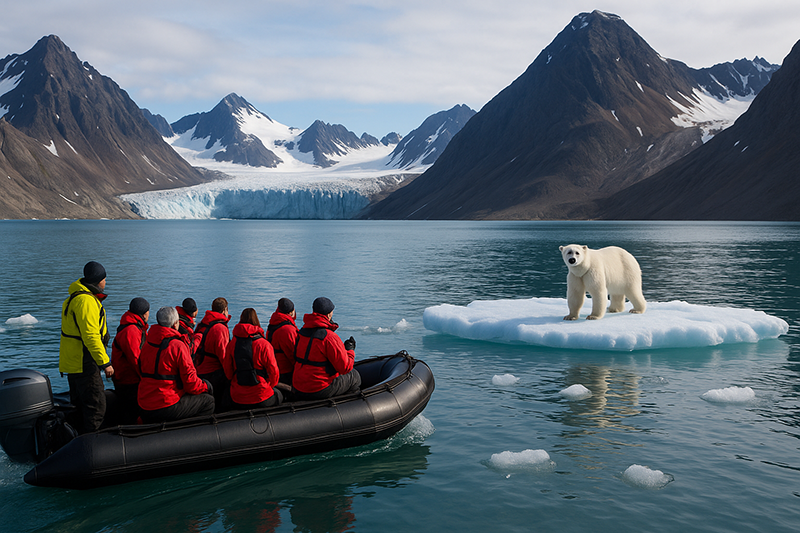 Bootstour in eisiger Fjordlandschaft mit Eisbären im Hintergrund