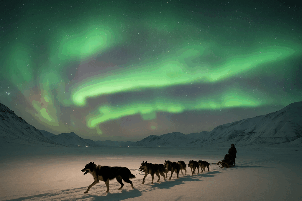 Hundeschlitten unter dem Polarlicht in Spitzbergen, Huskys ziehen einen Schlitten durch die verschneite Landschaft