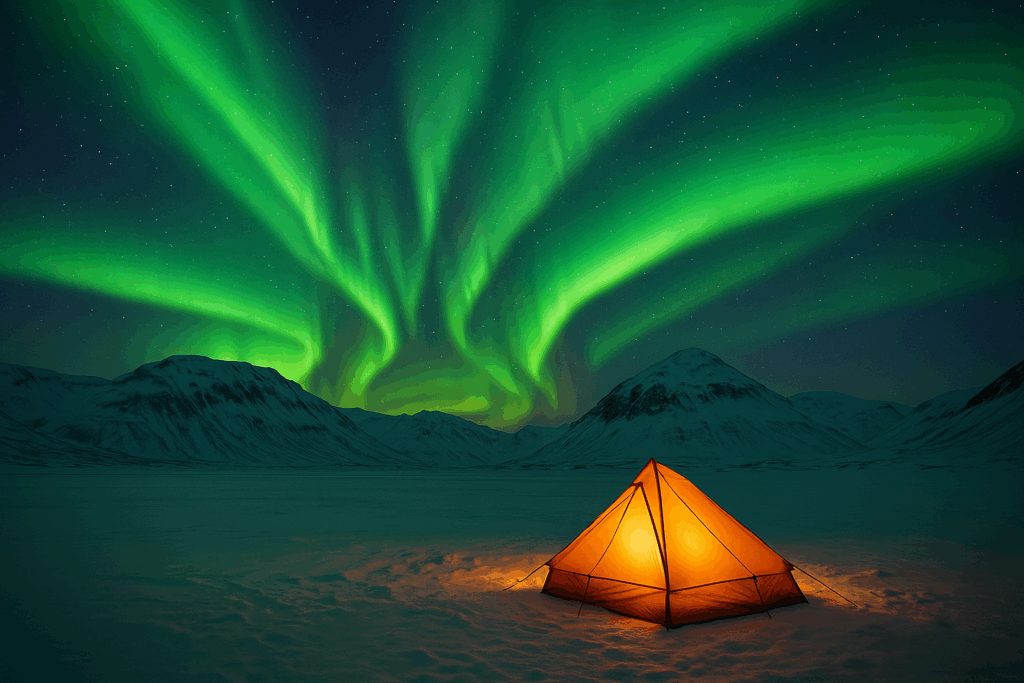 Kleines Aurora-Camp mit Zelt und Polarlicht in Spitzbergen, warm beleuchtetes Zelt unter grünem Himmel