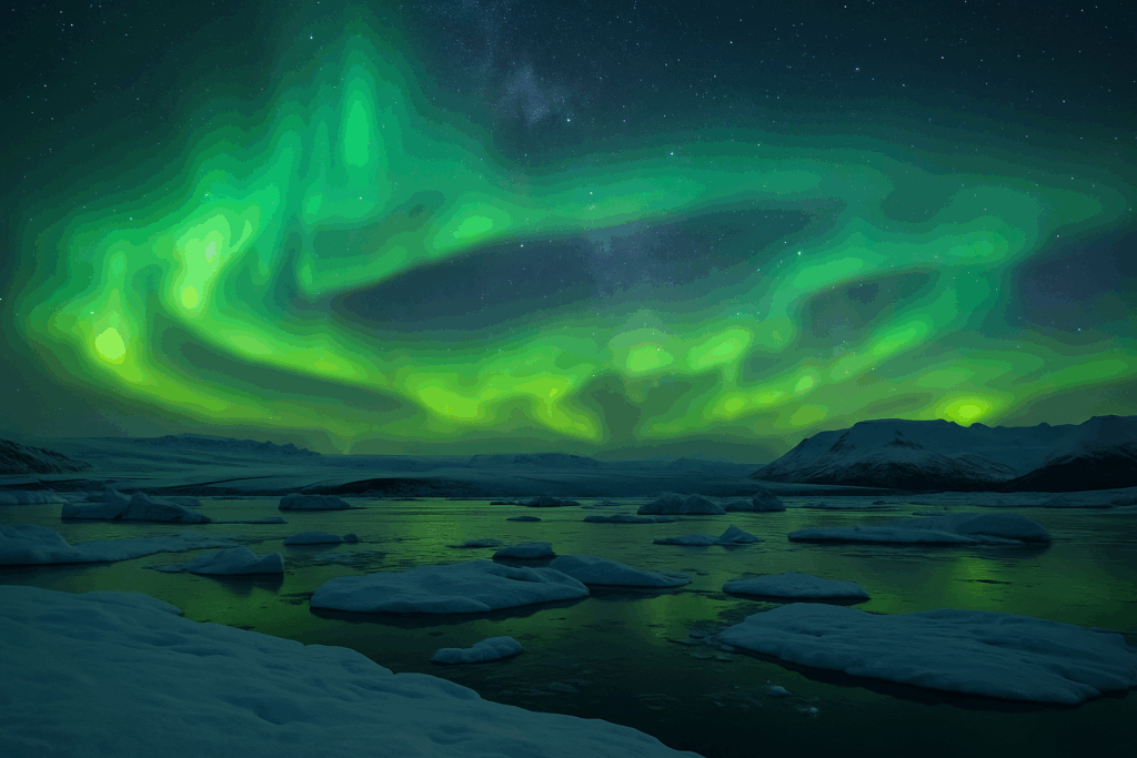 Polarlichter über winterlicher Eislandschaft