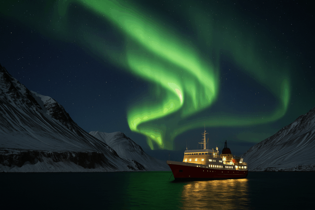 Schiff vor dramatischer Küste mit Nordlichtern in Spitzbergen, Expeditionsschiff unter grünem Polarlicht