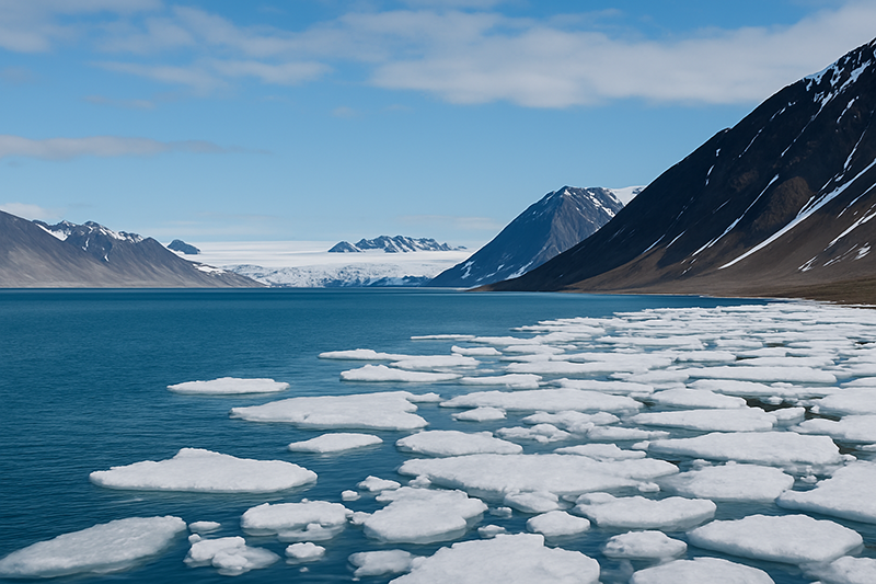 Spitzbergen-Küstenlinie mit Packeis und Gletschern