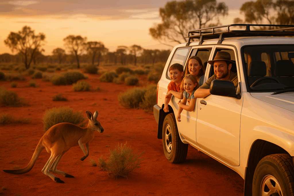 Familie im Geländewagen beobachtet ein Känguru im Outback bei Sonnenuntergang