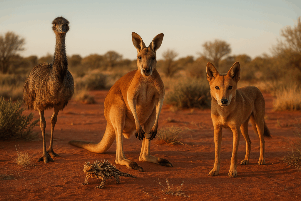 Känguru, Emu, Dingo und Dornenteufel in der Busch- und Savannenregion bei Abendlicht